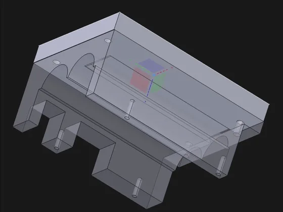 FreeCAD model of the two-part Raspberry Pi 5 mount, shown semi-transparent with its screw holes